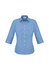 A blue and white checked women's button-up shirt with 3/4 sleeves and a collar, featuring a logo.