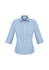 A women's 3/4 sleeve button-up shirt in a light blue check pattern, featuring a classic collar and a logo.