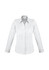 A white women's long sleeve button-up shirt with a collar and a fitted design. It features a logo.