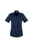 A navy blue women's short sleeve button-up shirt featuring a fitted design and a collar. It has a logo on the chest area.