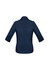 A navy blue women's button-up shirt with 3/4 sleeves and a collar, featuring a logo on the back.