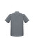 A grey short sleeve button-up shirt with a classic collar and a logo on the back.