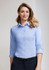 A blue women's button-up shirt with 3/4 sleeves and a collar, featuring a logo on the chest area.