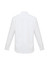 A white long sleeve button-up shirt featuring a collar and button cuffs, with a plain back design and a logo.