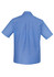 A back view of a short-sleeve men's chambray shirt in light blue, featuring a simple design and a logo.