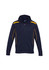 A navy hoodie with yellow trim and a front zip, featuring a hood and two side pockets.