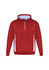 A unisex hoodie in burgundy with white side panels and a front zipper. It features a hood and a branded logo.