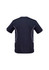 A dark blue short sleeve tee with white trim on the sides and a logo on the back.