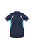 A navy blue women's short sleeve tee with light blue accents and a logo. Features sporty design details on the back.