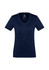 A navy short sleeve women's tee with a v-neck design and a logo at the top.