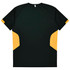 A T-shirt featuring a dark green body with yellow accents on the sides and back. It has a logo.