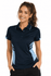 A navy blue women's polo shirt with light blue accents and stripes, featuring a logo on the chest.
