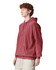 A maroon adult hooded sweatshirt with a front pocket and a drawstring hood, featuring a logo.