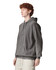A grey adult hooded sweatshirt with a front pocket and drawstring hood, featuring a logo on the chest.