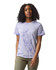 A heavyweight t-shirt in a marbled purple pattern, featuring a round neckline and short sleeves. It has a logo on the front.