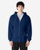 A navy blue Gildan Heavy Blend adult full zip hooded sweatshirt with a front zipper and a logo.