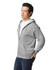 A grey Gildan Heavy Blend adult full zip hooded sweatshirt, featuring a logo and front pockets.