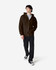 A model wears a brown Gildan Heavy Blend full zip hooded sweatshirt with a grey t-shirt and black pants.