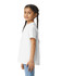 A white youth T-shirt displayed on a child with braided hair, featuring a logo on the back.