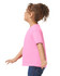 A toddler t-shirt in bright pink with short sleeves, featuring a logo on the side.