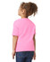 A toddler wearing a bright pink Gildan Heavy Cotton T-Shirt, viewed from the back, with curly hair and blue jeans.