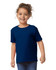 A toddler wearing a navy blue Gildan Heavy Cotton T-Shirt, smiling and standing with hands on hips.