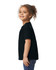 A black toddler t-shirt displayed on a child with curly hair, featuring short sleeves and a side view.