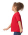 A red toddler T-shirt displayed on a child from the side, featuring short sleeves and a loose fit.