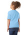 A blue toddler T-shirt viewed from the back, featuring a logo, paired with denim jeans.