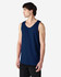 A navy blue Gildan Heavy Cotton adult tank top with wide shoulder straps, displayed on a male model.