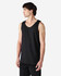 A black Gildan Heavy Cotton adult tank top with a relaxed fit, featuring a logo.