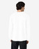 A white long sleeve t-shirt with a logo on the back, displayed on a person facing away.