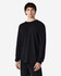 A model wearing a black Gildan Heavy Cotton adult long sleeve T-shirt. The shirt features a simple design and a logo.