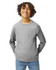 A youth long sleeve t-shirt in grey, featuring a round neck and casual fit, with a logo present.