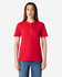 A red ladies' polo shirt with a collar and buttons, displayed on a model against a plain background.