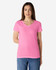 A pink ladies' V-neck T-shirt featuring a logo, displayed on a model with straight hair.