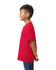 A red youth midweight T-shirt viewed from the back, featuring a plain design and a branding logo.