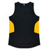 A black singlet with yellow accents and a logo on the back.