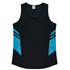 A black singlet featuring blue side panels and a logo on the upper centre.