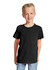 A black youth short sleeve t-shirt is displayed on a smiling child. The shirt has a simple design and no visible logos.