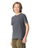 A grey youth short sleeve t-shirt displayed on a smiling child, featuring a simple design and crew neck.
