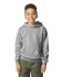 A youth hooded sweatshirt in grey, featuring a front pocket and a drawstring hood. It includes a logo on the chest.