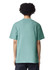 A green mockneck unisex T-shirt featuring a back view of the garment. It has a logo.
