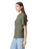 A green unisex mockneck t-shirt with short sleeves, featuring a logo.