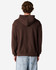 A brown unisex full zip hooded sweatshirt with a hood and ribbed cuffs, viewed from the back.