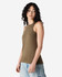 A fitted olive green women's racerneck tank top with a logo, styled with light denim shorts.