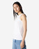 A woman in a white racerneck tank top stands sideways, showcasing the fit. The top has a subtle design and a brand logo.