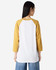A unisex raglan T-shirt in white with yellow sleeves, featuring a logo on the back.