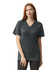 A unisex v-neck t-shirt in dark grey, featuring short sleeves and a logo on the front.