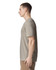 A unisex v-neck t-shirt in a light grey colour, featuring a simple design and a logo on the side.